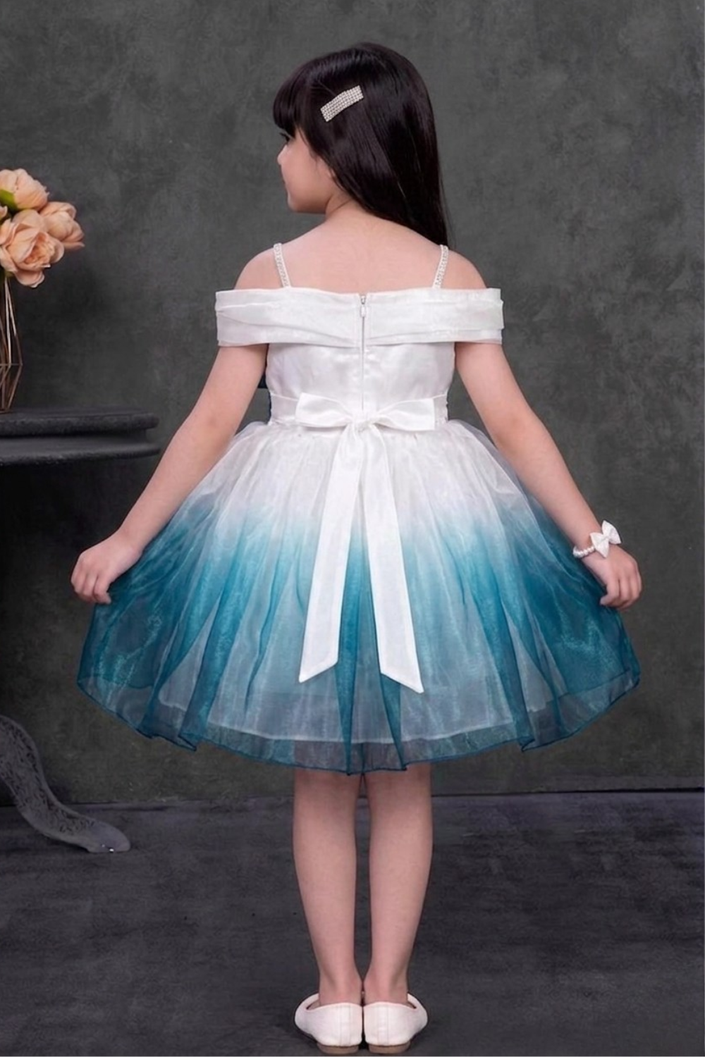 Girls Teal & Ivory Ombre Bow Party Frock