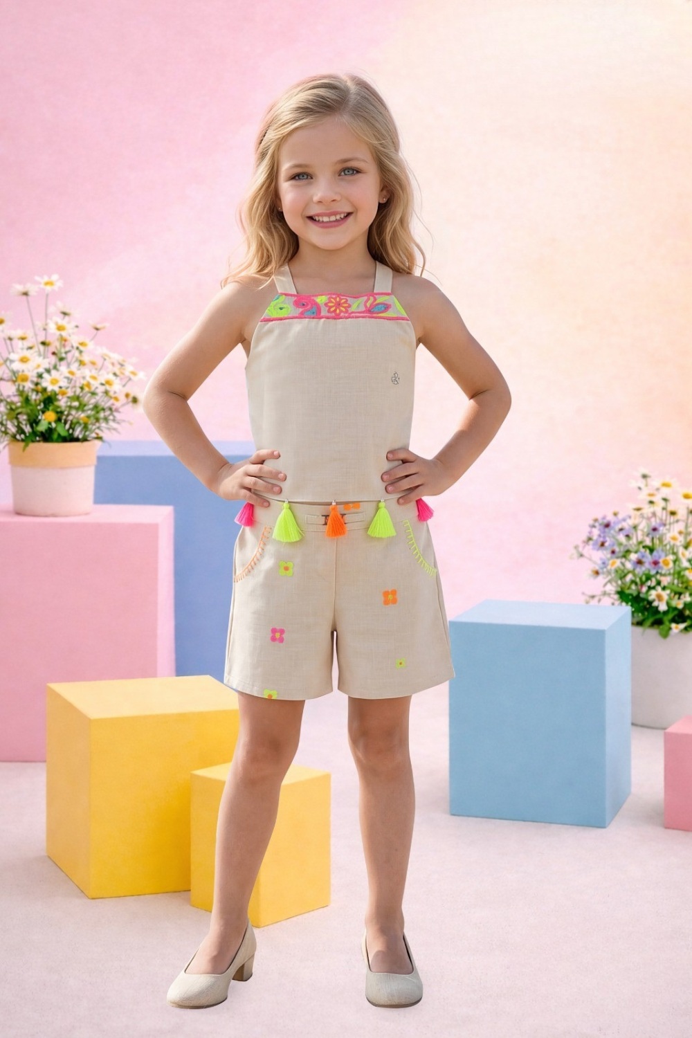 Beige Cotton Linen Embroidered Top & Shorts Co-Ord Set for Girls