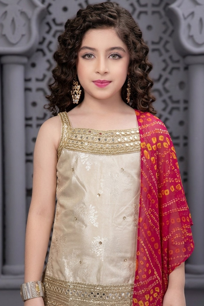 Ivory Chinon Kurta Palazzo Set for Girls with Bandhani Dupatta
