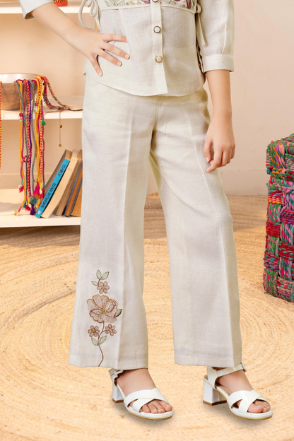 Beige Khadi Cotton Embroidered Co-Ord Set for Girls