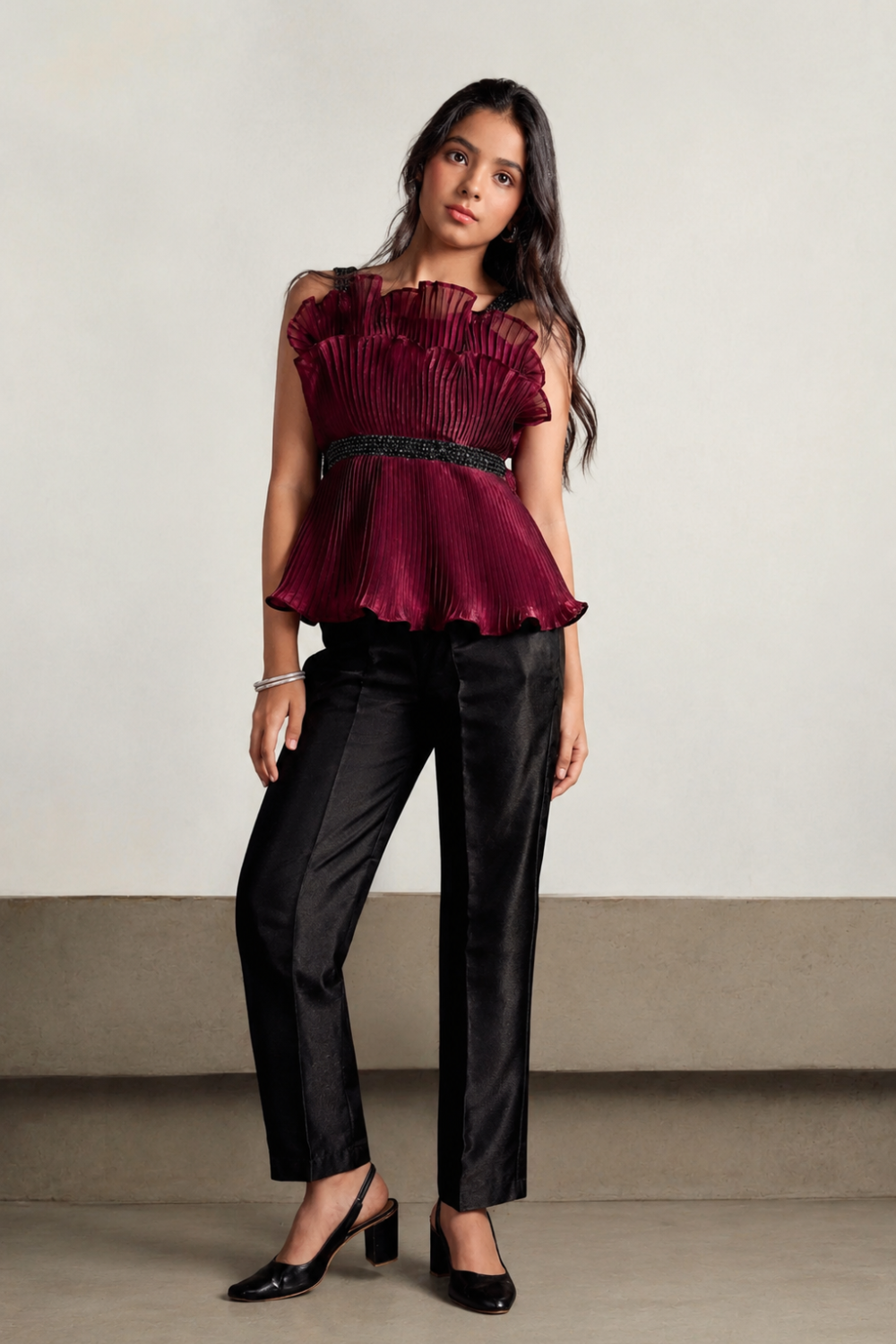 Girls Wine Pleated Co-Ord Set with Embellished Top & Straight Pants