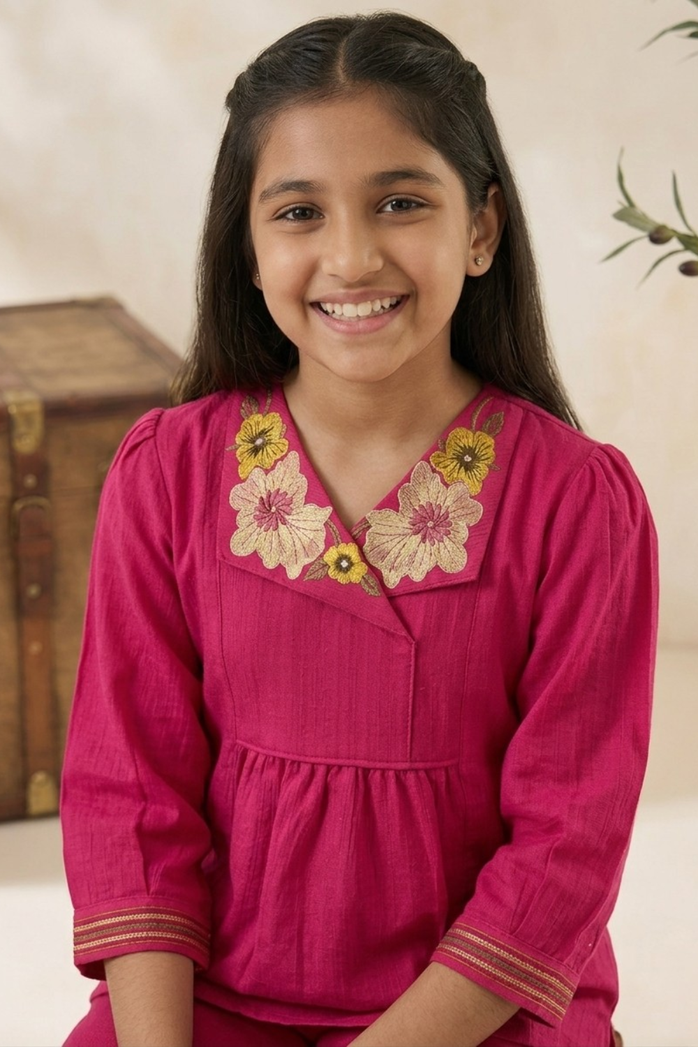 Raspberry Pink Embroidered Top & Straight Pant Set for Girls