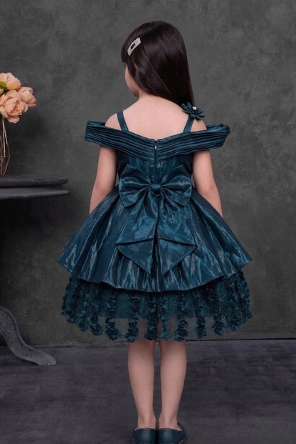 Emerald Green Off-Shoulder Party Frock with Floral Applique & Layered Hem