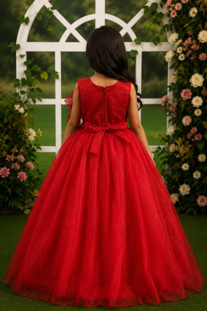 Girls Red Floral Appliqué Party Gown with Layered Tulle Flare