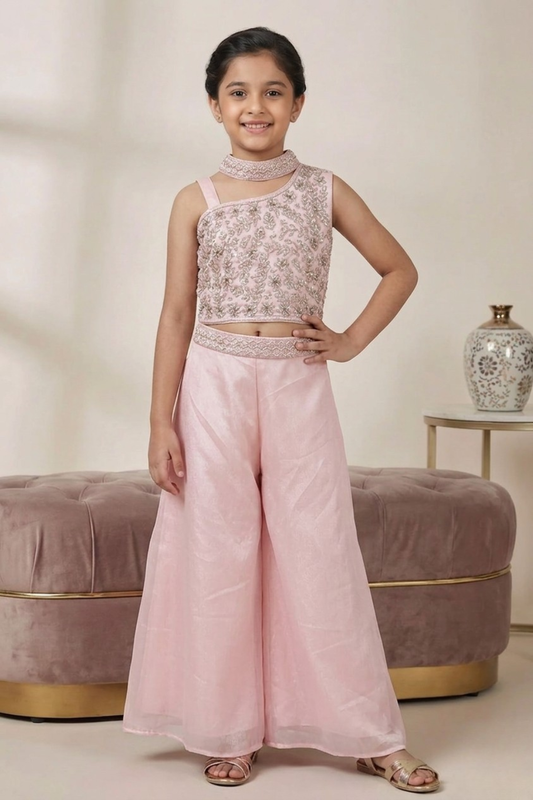 Baby Pink Pure Chinon Embroidered Crop Top & Palazzo Set for Girls