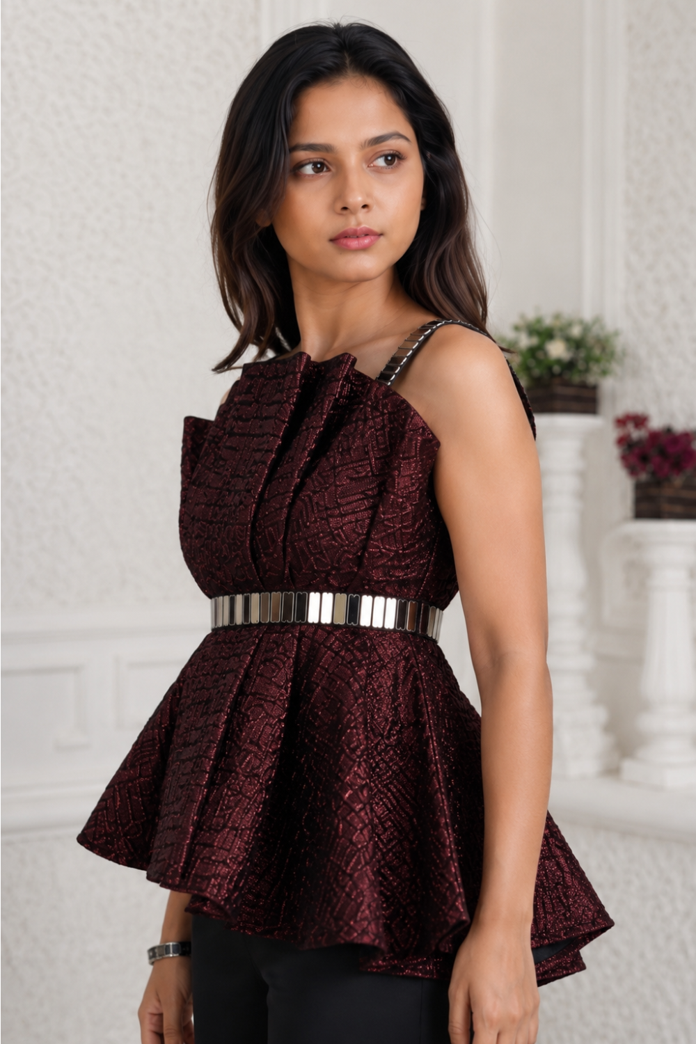 Girls Wine Textured Peplum Co-Ord Set