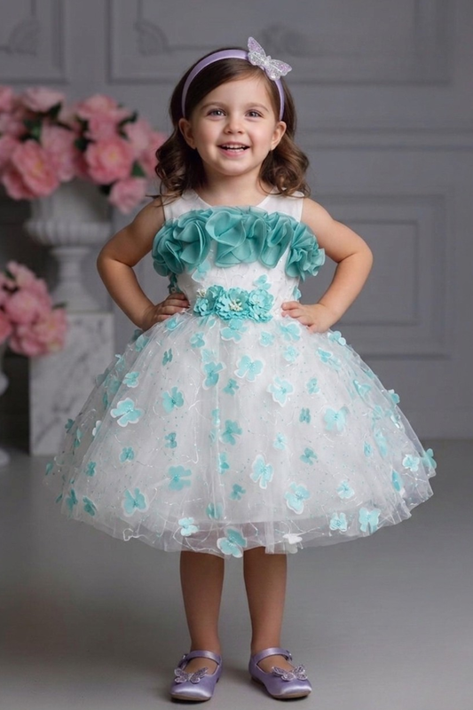 Girls White & Aqua Floral Embellished Party Frock