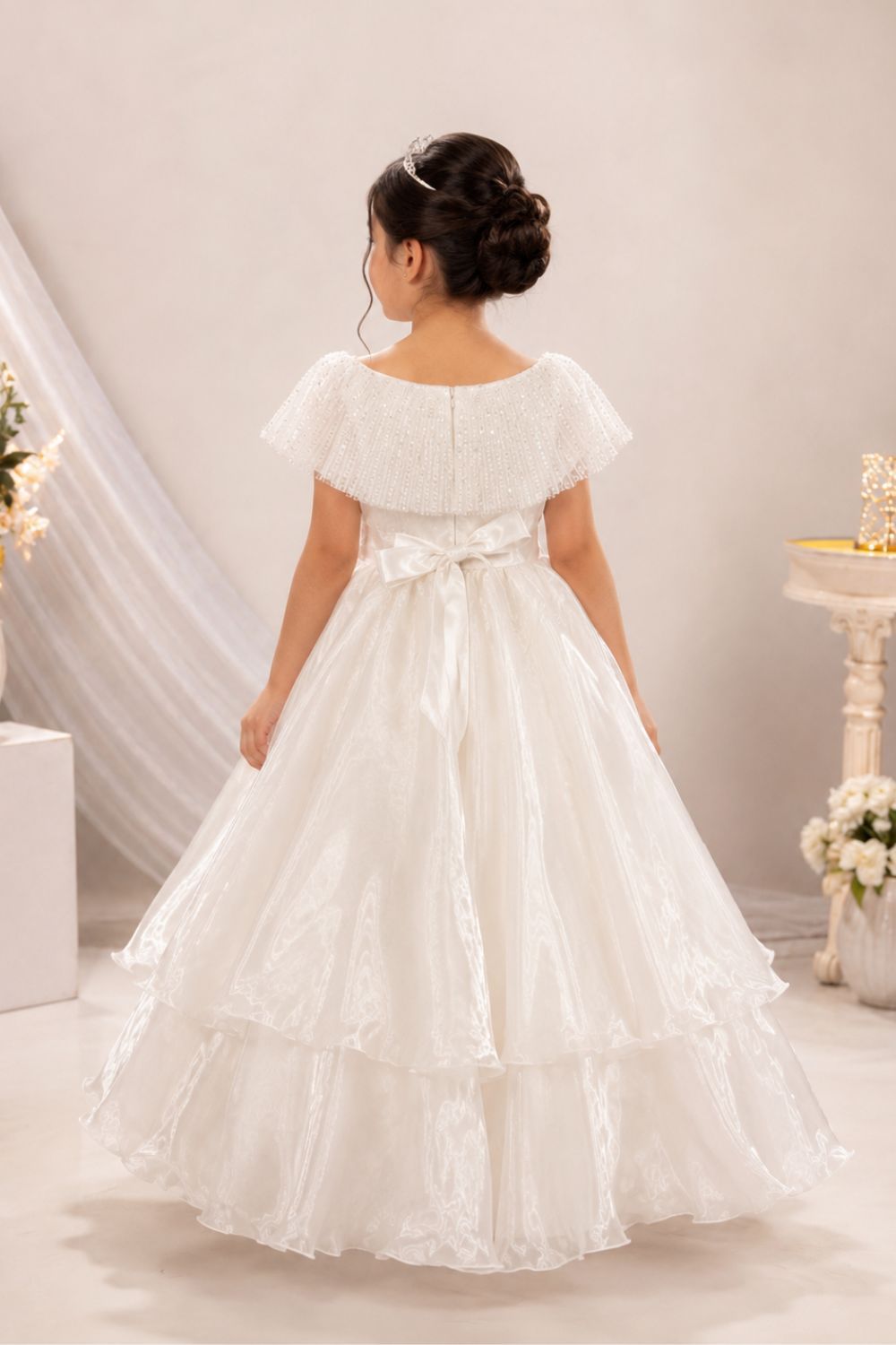 Girls White Layered Party Gown with Sequin Cape Collar & Statement Bow