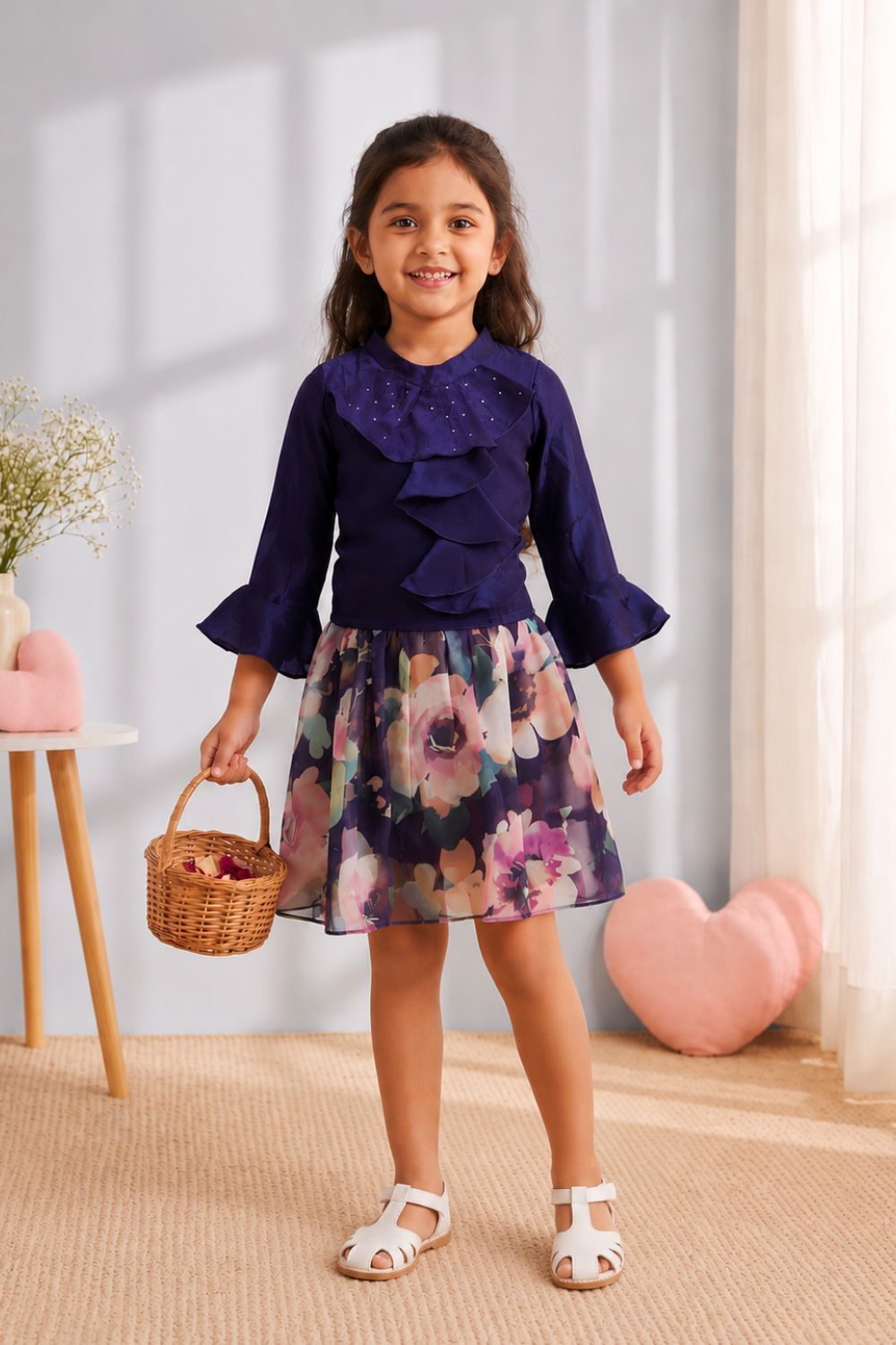 Girls Purple Ruffle Top & Floral Printed Skirt Co-Ord Set