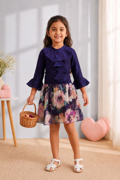 Girls Purple Ruffle Top & Floral Printed Skirt Co-Ord Set