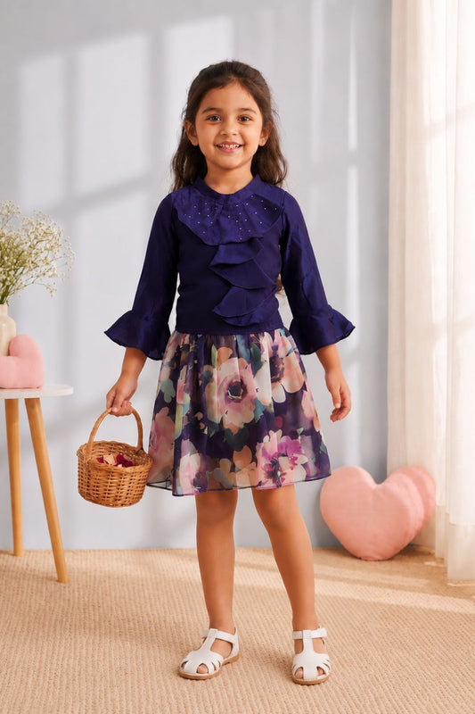 Girls Purple Ruffle Top & Floral Printed Skirt Co-Ord Set
