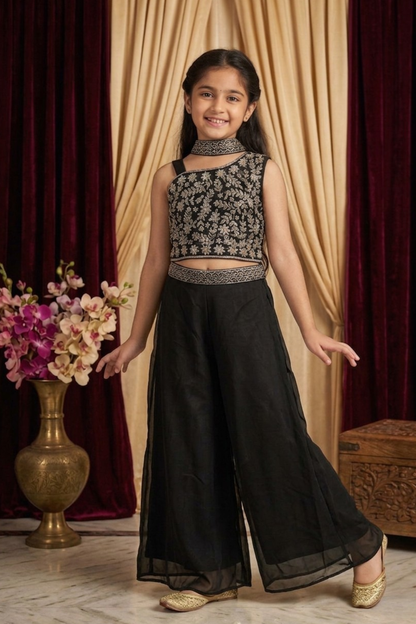 Black Pure Chinon Embroidered Crop Top & Palazzo Set for Girls