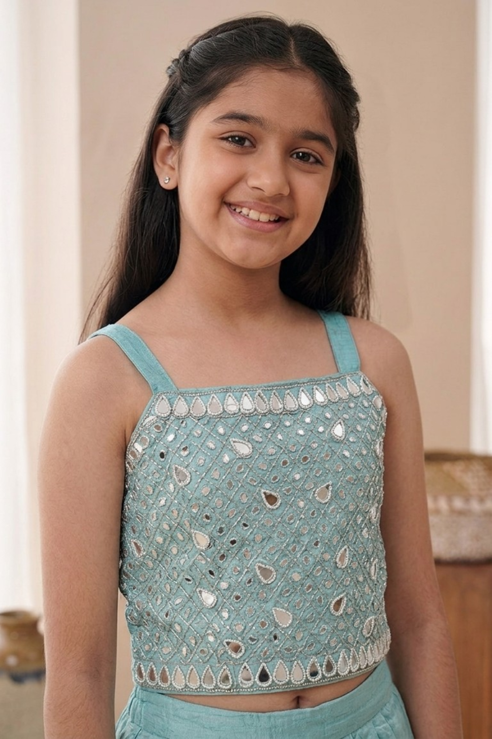 Powder Blue Glass Tissue Indo-Western Skirt Set with Shrug for Girls
