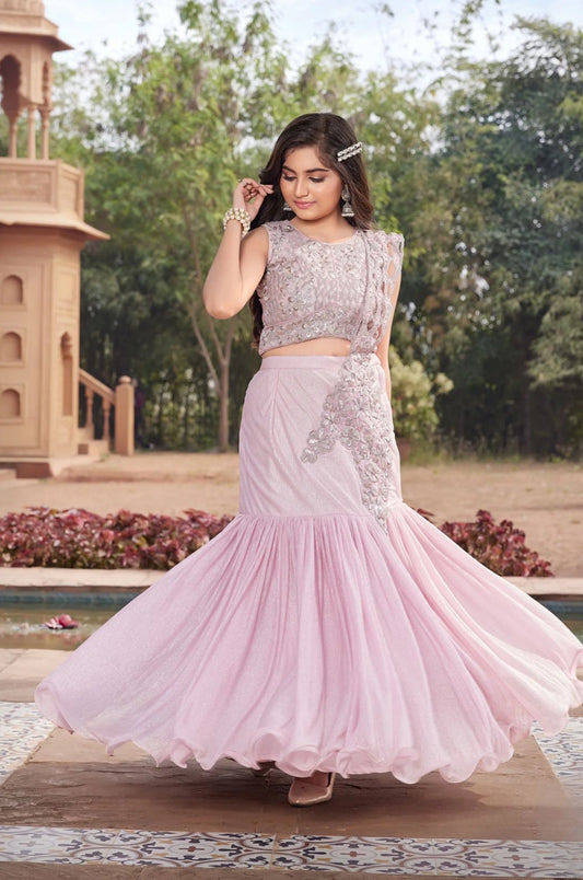Girls Blush Pink Embroidered Fish Cut Lehenga Set with Dupatta