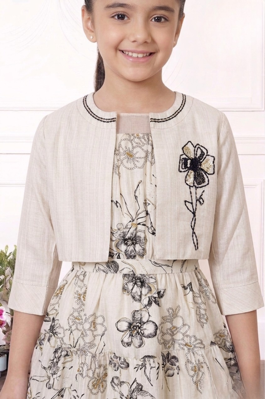 Beige Floral Cotton Linen Dress with Embroidered Jacket for Girls