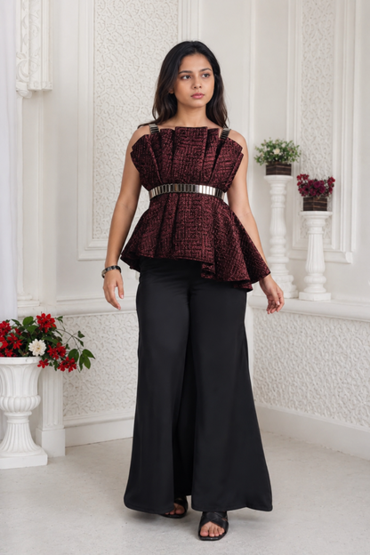 Girls Wine Textured Peplum Co-Ord Set