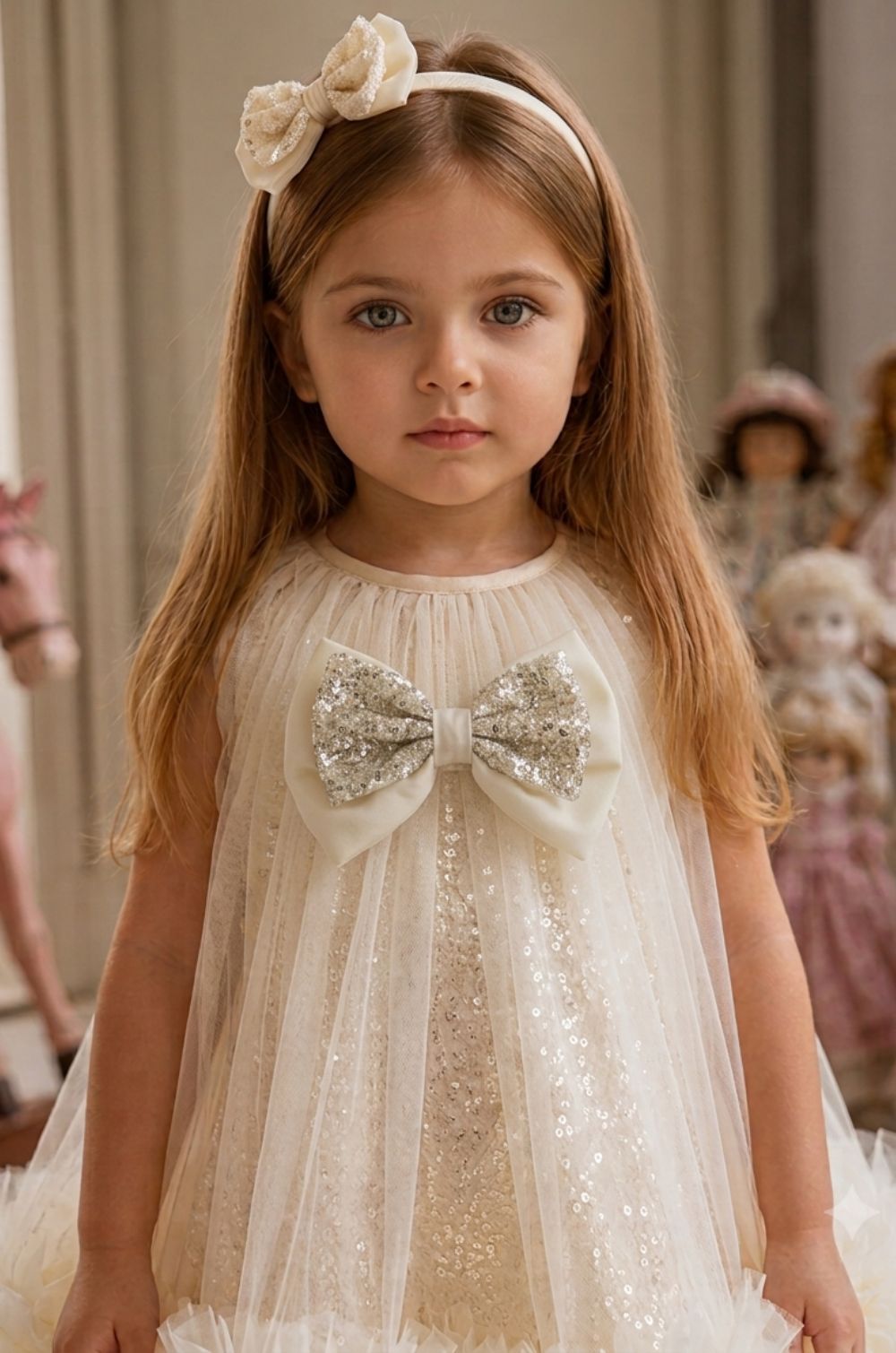 Girls Cream Sequin Tulle Party Frock with Statement Bow & Ruffle Hem