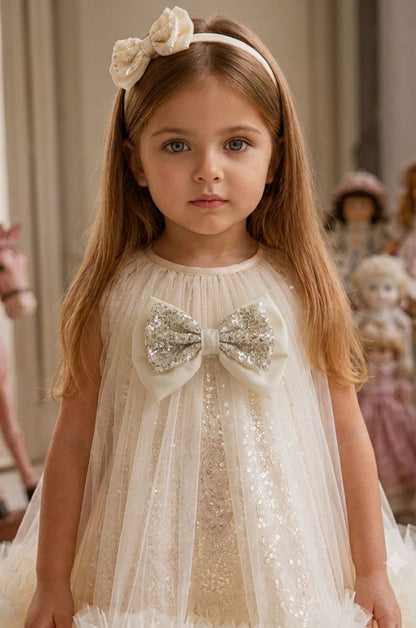 Girls Cream Sequin Tulle Party Frock with Statement Bow & Ruffle Hem