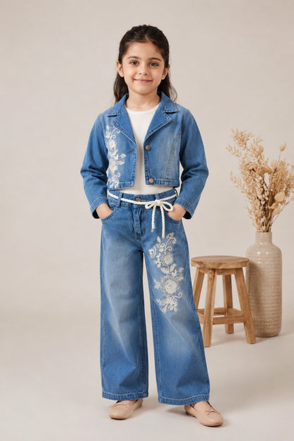 Girls Blue Denim Embroidered Co-Ord Set with White Inner Top (3-Piece Set)
