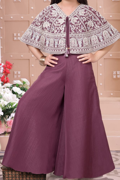 Girls Mauve Embroidered Cape Style Palazzo Set