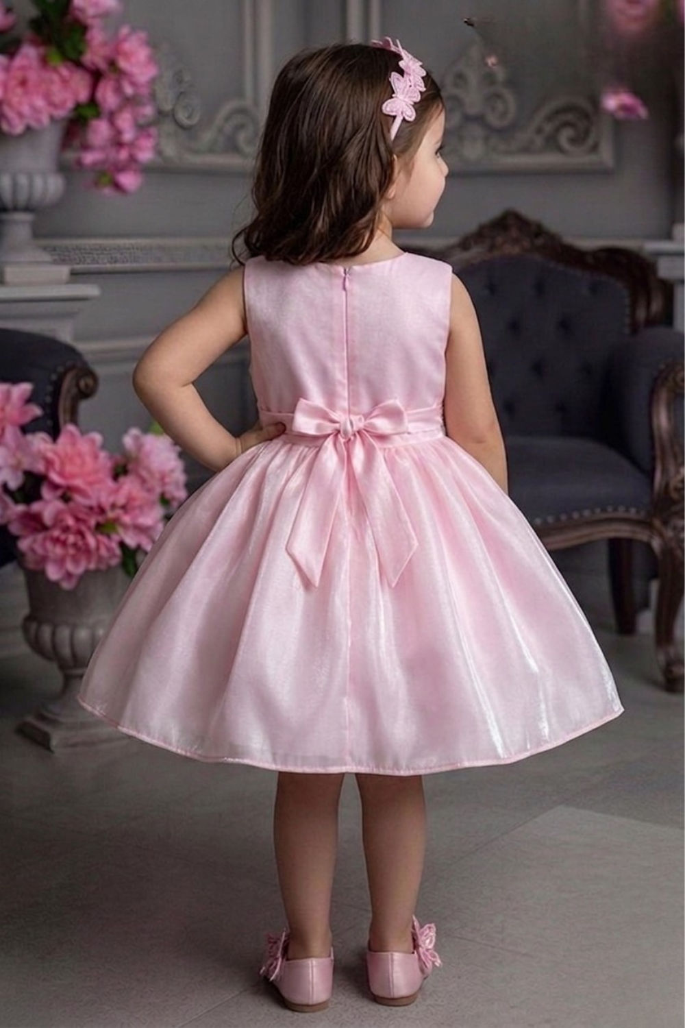 Blush Pink Sequin Embellished Party Frock with Bow Detail