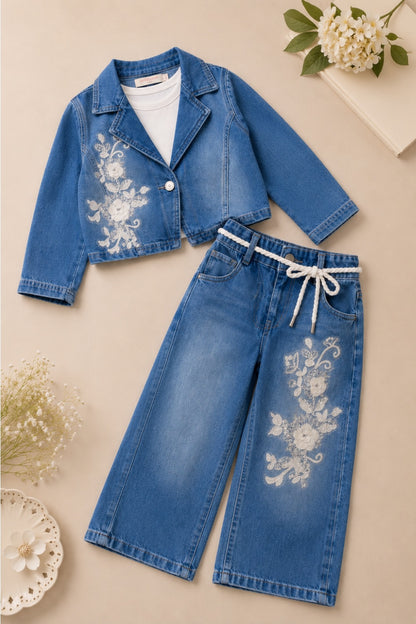 Girls Blue Denim Embroidered Co-Ord Set with White Inner Top (3-Piece Set)