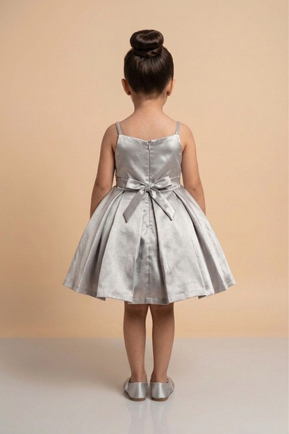 Silver Satin Party Frock with Statement Floral Applique