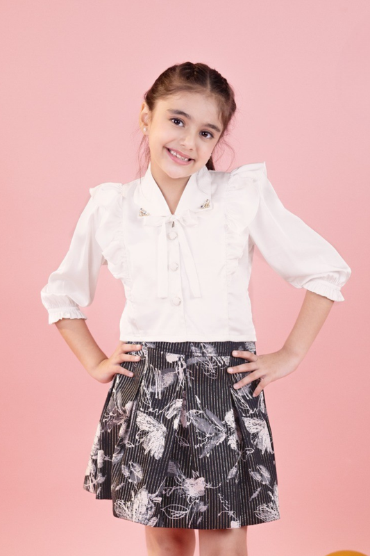 Ivory Ruffle Top with Black Floral Skirt Set for Girls