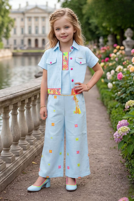 Sky Blue Linen Cotton Co-Ord Set for Girls with Floral Embroidery & Jacket
