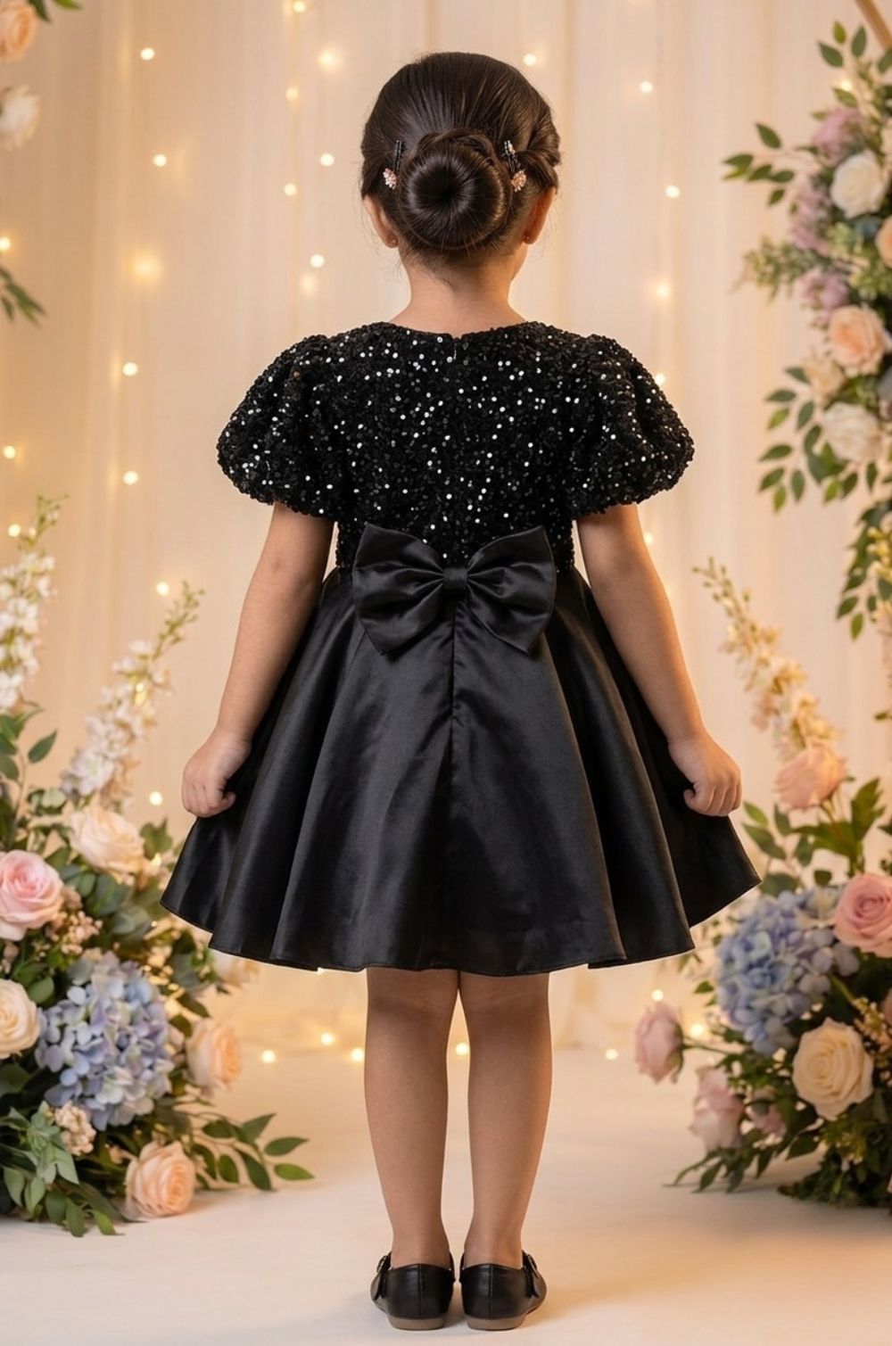 Girls Black Sequin Party Frock with Puff Sleeves & Velvet Bow