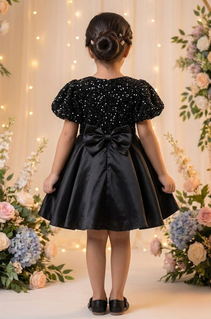 Girls Black Sequin Party Frock with Puff Sleeves & Velvet Bow