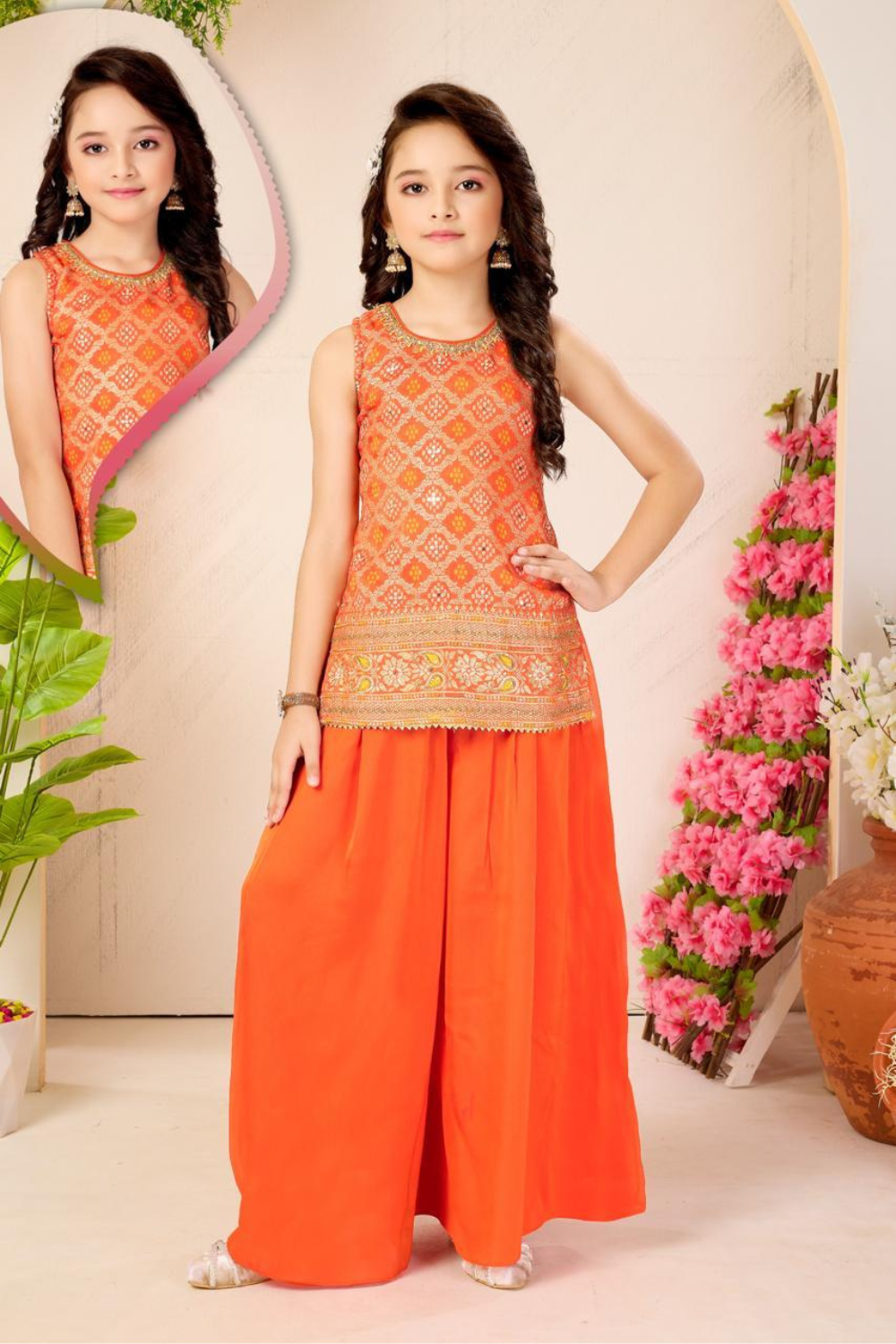Rust Banarasi Silk Kurta Palazzo Set for Girls
