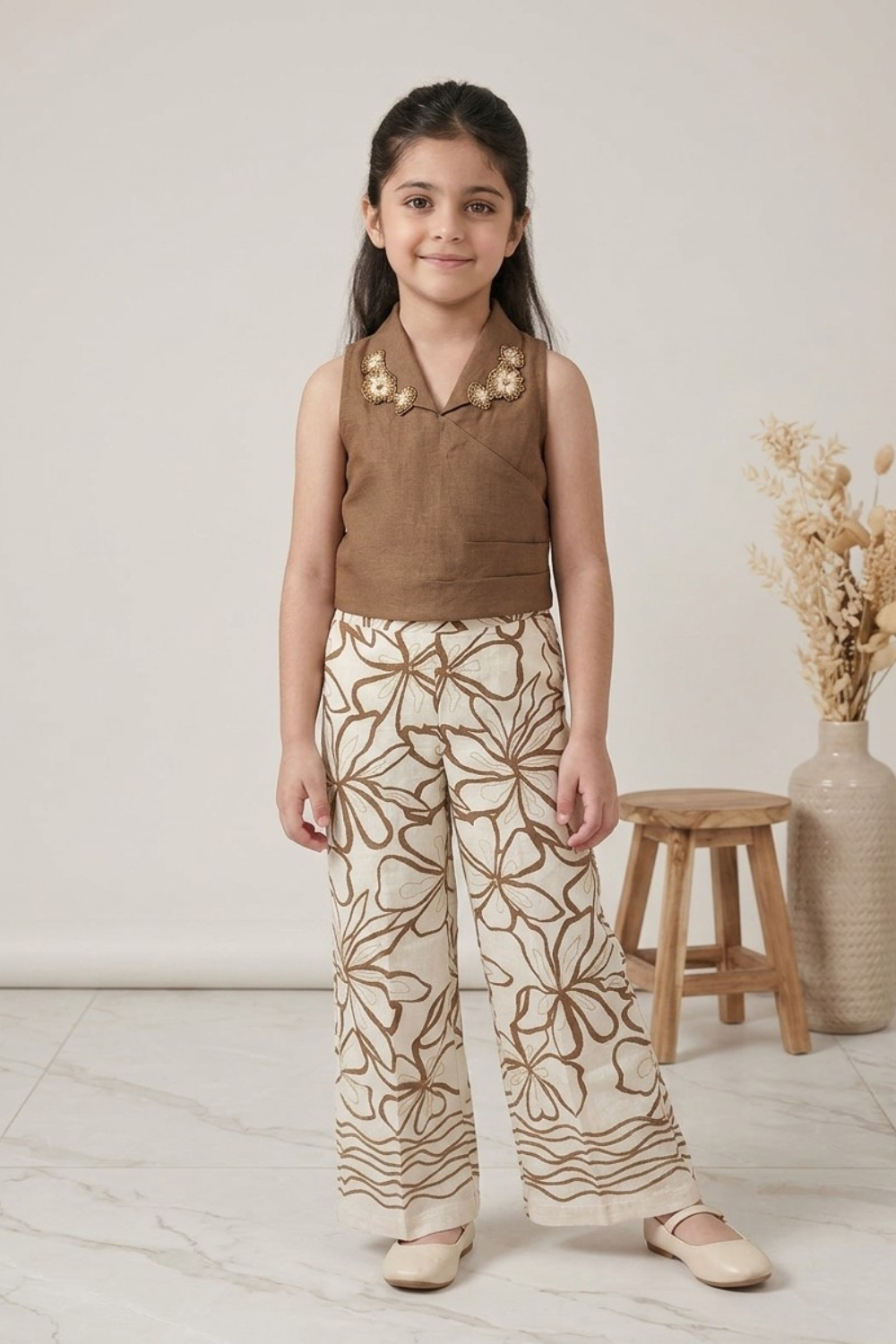 Mocha Brown Embellished Wrap Top & Printed Palazzo Set for Girls