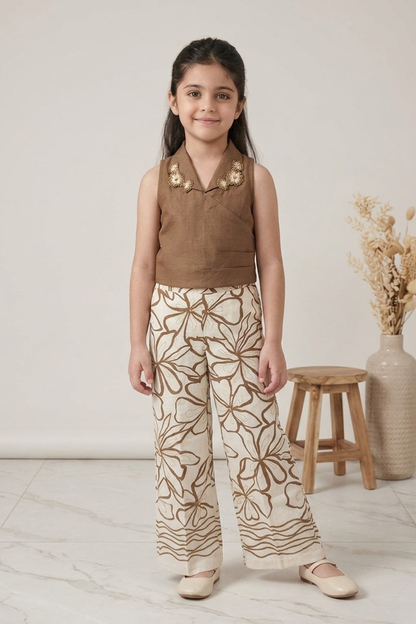 Mocha Brown Embellished Wrap Top & Printed Palazzo Set for Girls