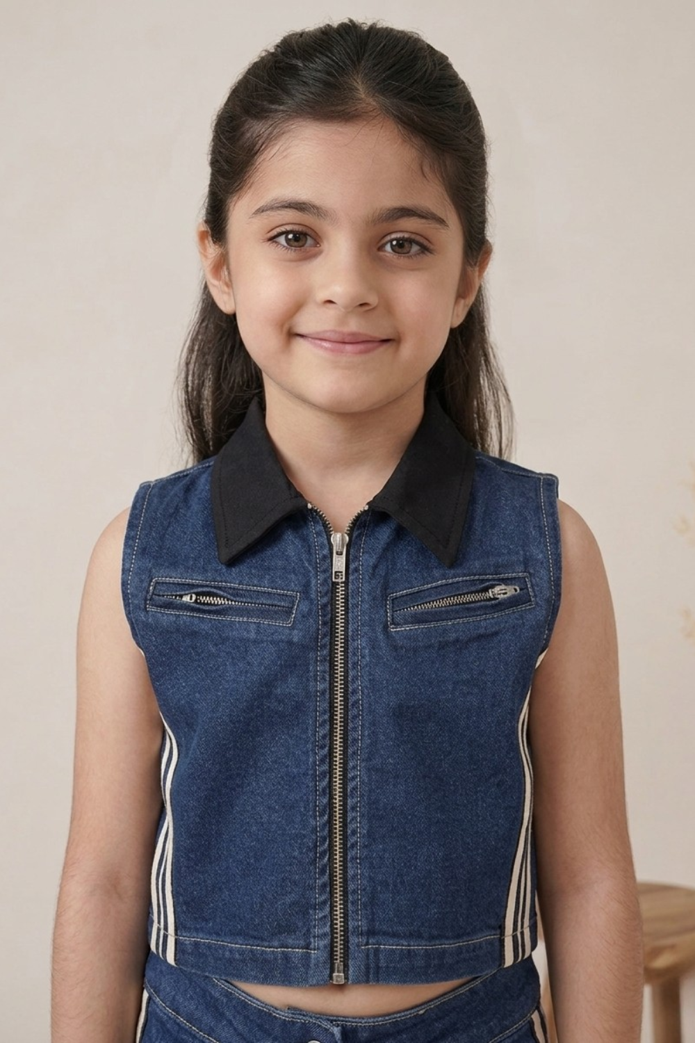 Dark Blue Denim Co-ord Set with Zip-Up Top & Wide-Leg Pants for Girls