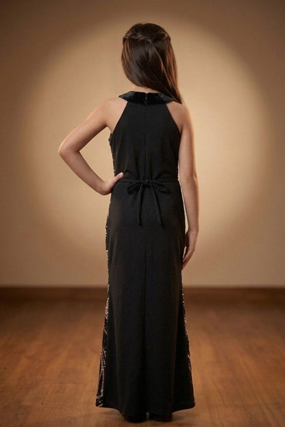 Girls Black Sequin Fish Cut Party Gown with Detachable Sheer Sleeves & 3D Floral Appliqué