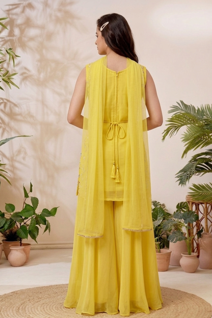 Mustard Yellow Embroidered Crop Top & Palazzo Set for Girls