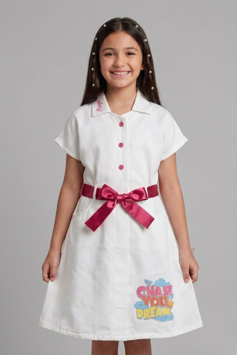Ivory Shimmer Shirt Dress with Cherry Red Bow Belt for Girls