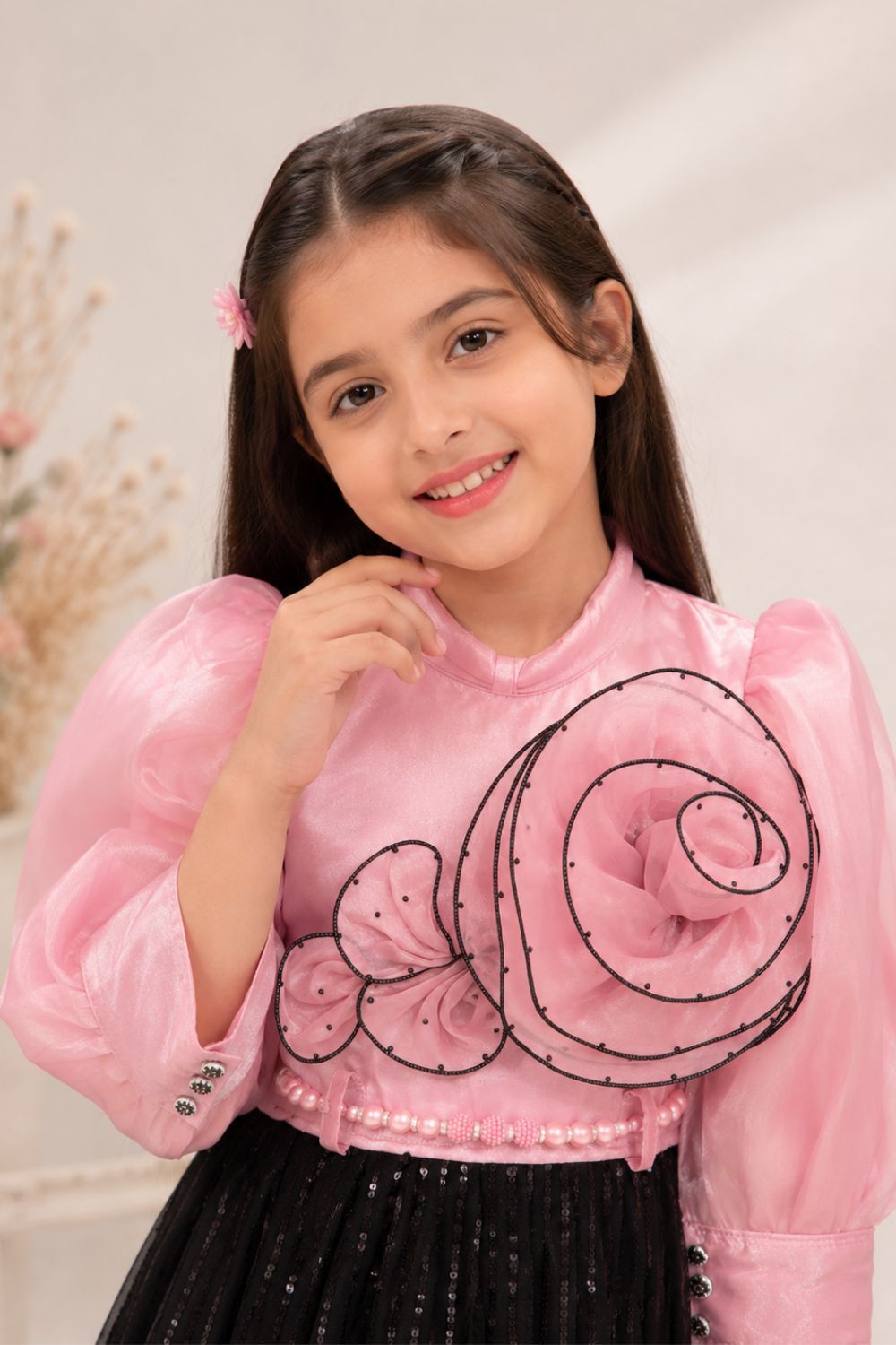 Girls Pink Floral Appliqué Party Dress