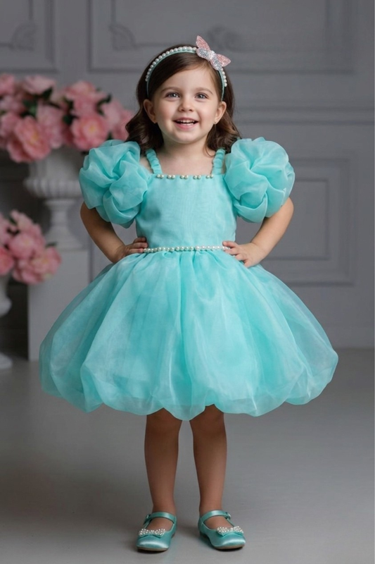 Girls Aqua Blue Puff Sleeve Party Frock with Pearl Detailing