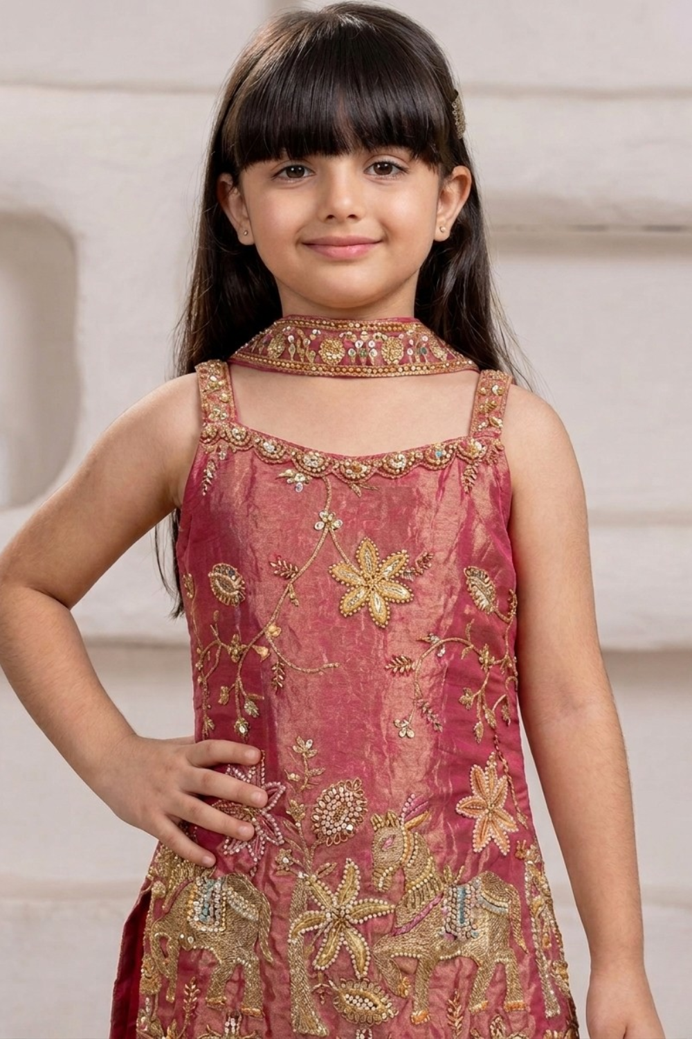 Rose Gold Embroidered Kurta Set with Palazzo