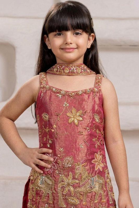 Rose Gold Embroidered Kurta Set with Palazzo