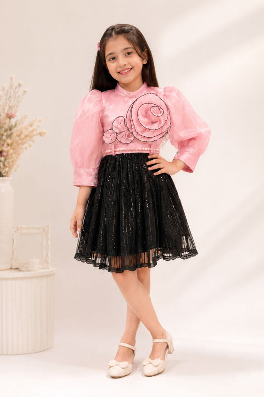 Girls Pink Floral Appliqué Party Dress