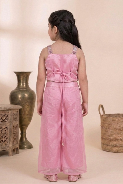 Blush Pink Premium Glass Tissue Embroidered Crop Top & Palazzo Set for Girls