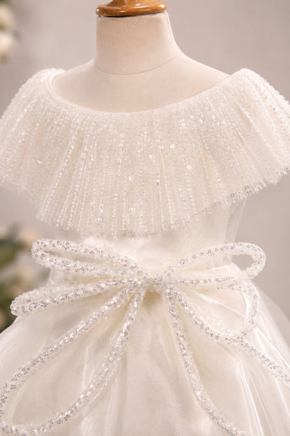 Girls White Layered Party Gown with Sequin Cape Collar & Statement Bow