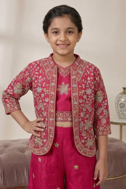 Rani Pink Chinon Palazzo Set with Embroidered Jacket for girls