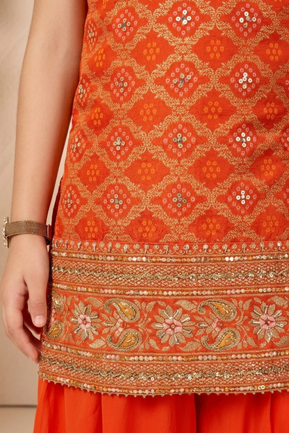 Rust Banarasi Silk Kurta Palazzo Set for Girls