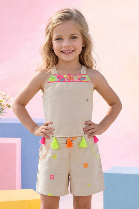 Beige Cotton Linen Embroidered Top & Shorts Co-Ord Set for Girls