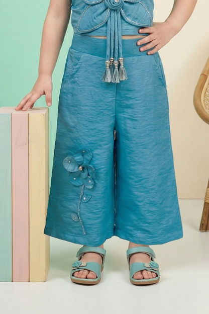 Teal Blue Floral Appliqué Palazzo Set for Girls – Elegant Western Co-ord