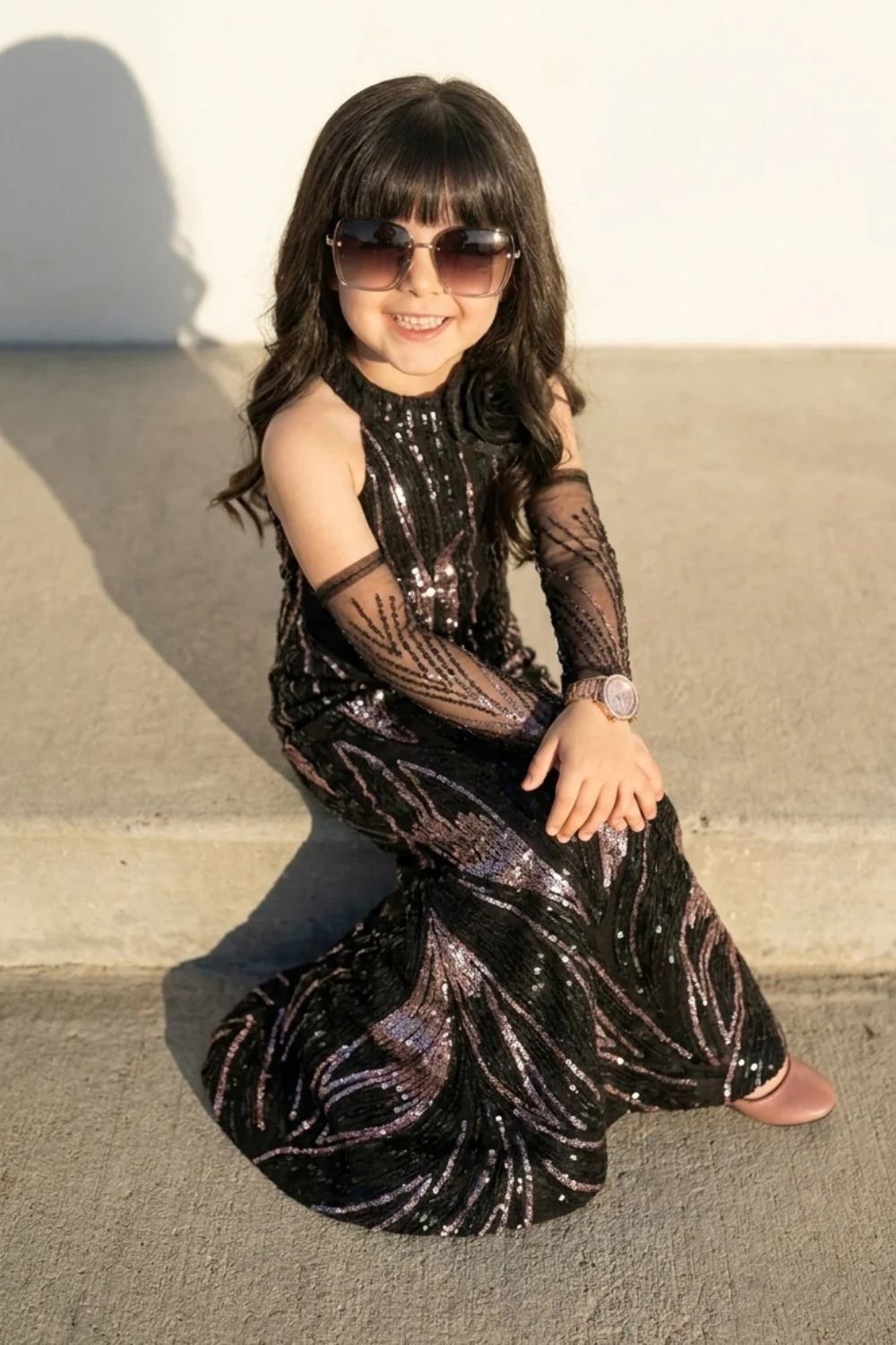 Girls Black Sequin Fish Cut Party Gown with Detachable Sheer Sleeves & 3D Floral Appliqué